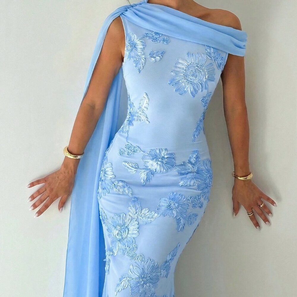 Baby Blue Elegant Women's One Shoulder Romantic Mermaid Dress